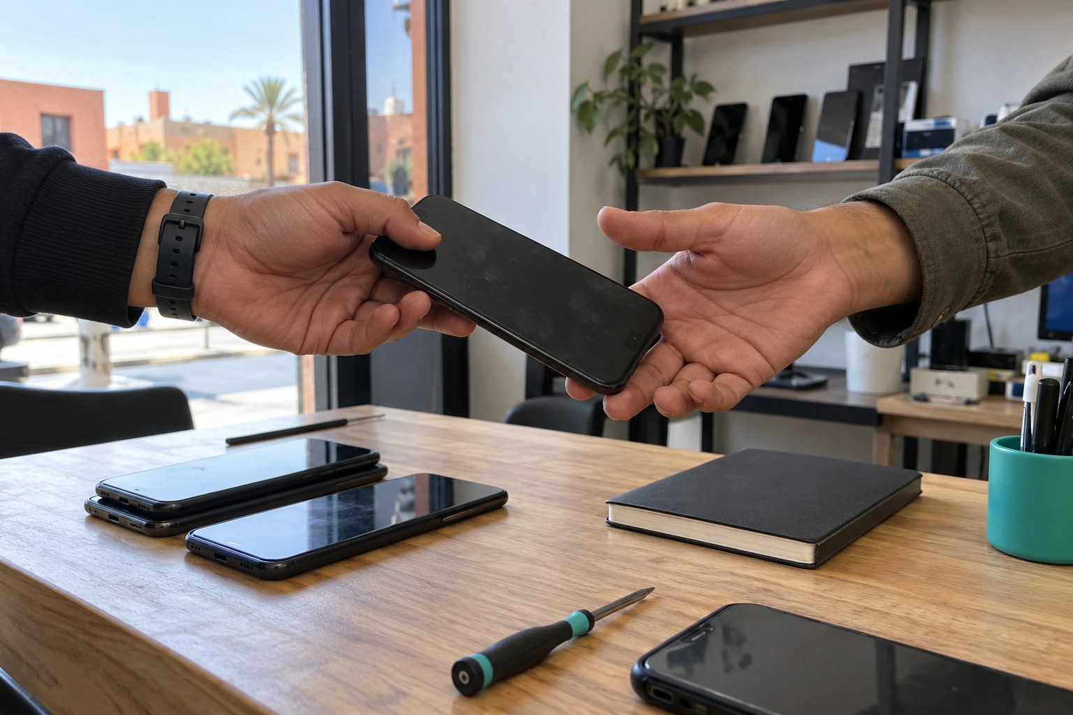 Illustration d’une remise de téléphone professionnel sur un bureau